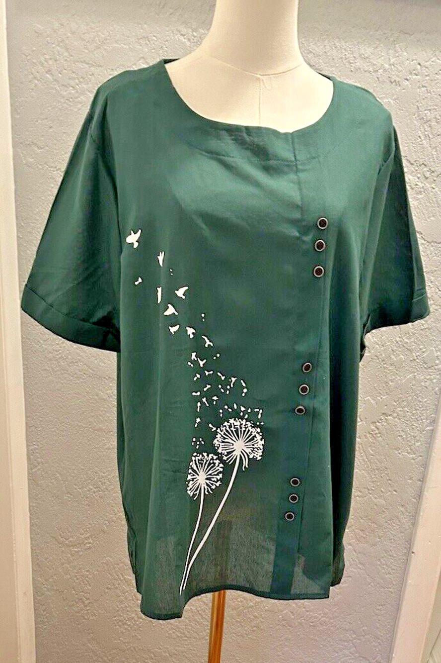 Dayou Shirt Women Button Tunic Top NWT 2X Dandelions Linen Blend Green Office